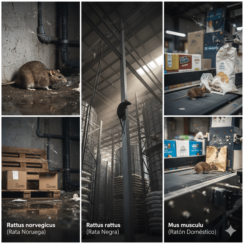 Principales especies de roedores de interés industrial Un control técnico eficaz comienza con la correcta identificación de las especies presentes, ya que cada una tiene hábitos, comportamientos y requerimientos distintos. Rattus norvegicus (rata noruega) Es una de las especies más comunes en bodegas y silos. Se caracteriza por su comportamiento terrestre, su preferencia por áreas cercanas a fuentes de agua y su capacidad para excavar madrigueras. Suele desplazarse por el perímetro de las instalaciones y zonas de piso, lo que exige estrategias de control enfocadas tanto en el exterior como en el interior. Rattus rattus (rata negra) A diferencia de la rata noruega, la rata negra es una excelente trepadora. Prefiere zonas elevadas como entretechos, estructuras metálicas, estanterías altas y techumbres. Su control requiere especial atención en puntos de acceso superiores, rutas verticales y zonas poco visibles. Mus musculus (ratón doméstico) El ratón doméstico es particularmente problemático por su pequeño tamaño y su capacidad para ingresar por aberturas mínimas. Aunque consume menores cantidades de alimento, su alta frecuencia de visitas a las fuentes de alimento y su rápida reproducción lo convierten en un contaminante constante, especialmente en áreas de empaque y despacho. Por qué el exterminio no es una estrategia viable En entornos industriales, la erradicación total de roedores es prácticamente imposible. La alta tasa reproductiva, la capacidad de recolonización desde áreas vecinas y la adaptabilidad de estas especies hacen que las acciones aisladas y de corto plazo sean ineficaces. Desde un enfoque técnico, el objetivo real del control de roedores es reducir la población y mantenerla por debajo del umbral en el que cause daños económicos o sanitarios. Para ello, es fundamental comprender el concepto de capacidad de carga del ambiente: cada instalación puede sostener un número determinado de roedores en función de la disponibilidad de alimento, refugio y condiciones ambientales. Mientras estos factores no se modifiquen, las poblaciones tenderán a recuperarse, incluso después de aplicaciones intensivas de control químico.